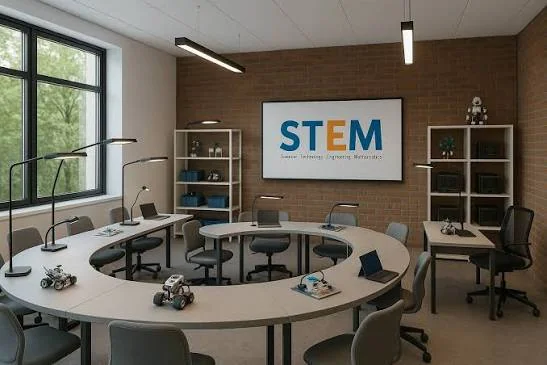 Сучасний кабінет STEM із круглими столами, роботами та великим екраном