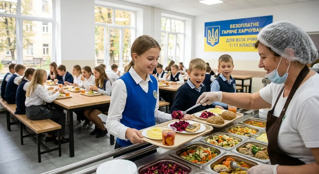 Учениця в синій жилетці отримує тарілку їжі від працівниці в їдальні школи